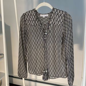 CHRISTOPHE SAUVAT xs sheer, navy and cream with beaded detail blouse